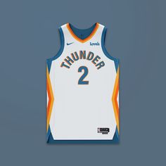 the thunder's nike basketball jersey is shown in white and blue, with an orange stripe