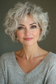 Click for More ➡️ | Save for Later ❤️  A curly pixie with platinum blonde highlights is bold and striking. The contrast between the dark base and the light highlights creates a dramatic effect that is both modern and stylish. This cut is perfect for those who want to make a statement with their hair. (Curly Pixie with Platinum Blonde Highlights - Short Curly Hairstyles For Older Women) Short Curly Grey Hairstyles For Women, Gray Hair With Lowlights Over 50 Curly, Shag Haircut Older Women, Short Salt And Pepper Hair Over 50, Women’s Short Hairstyles, Stacked Curly Bob, Gray Curly Hair Natural Curls, Short Curly Gray Hair Over 50, Short Curly Grey Hair