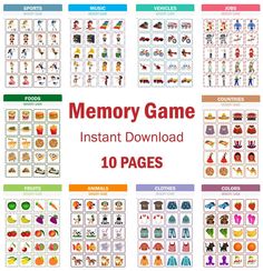 the memory game instant printable for 10 pages