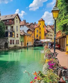 a river running through a small town next to tall buildings and flowers in the foreground