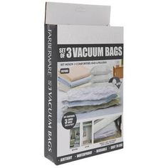 the package contains three vacuum bags and two sets of bedding sheets in white packaging