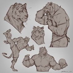 several sketches of different animals and people in various poses, with one man holding his hand up