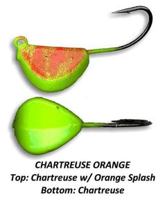 two orange and green lures with the words chartreuse orange