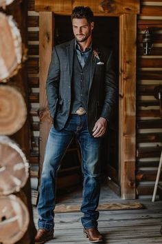 Mens Sport Coat With Jeans And Boots, Mens Engagement Party Outfit, Mens Country Wedding Attire Groom Style, Jeans And Button Up Men Outfit Wedding, Western Blazer Outfit For Men, Western Cocktail Attire For Men, Men’s Business Professional Outfits, Wedding Party Jeans, Cowboy Christmas Outfit Men