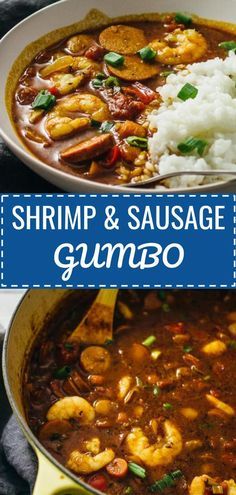 shrimp and sausage gumbo with rice in a bowl