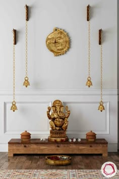 a living room filled with lots of furniture and gold decorations on the wall next to a clock