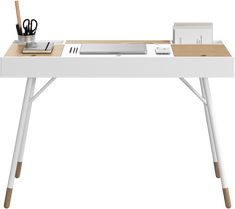 a white desk with wooden legs and an electronic device on the top, along with other office supplies