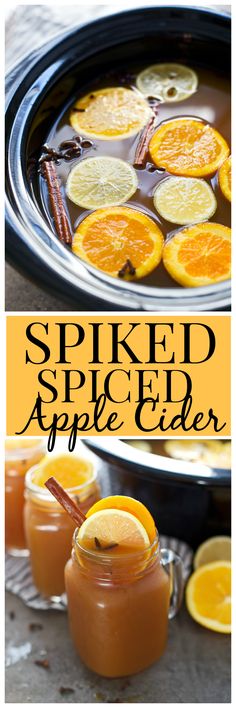 an image of baked spiced apple cider in a crock pot with orange slices and cinnamon sticks