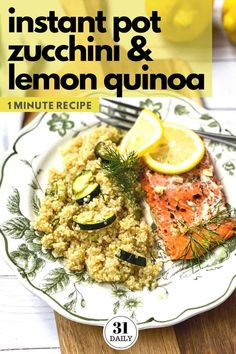 a plate with salmon and lemon quinoa on it