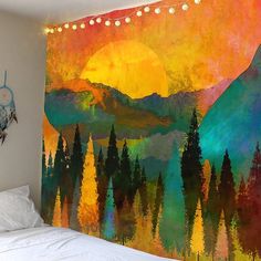 a bed room with a large painting on the wall