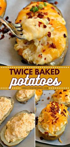 twice baked potatoes with cheese and bacon on top are shown in three different pictures, one being eaten by a fork