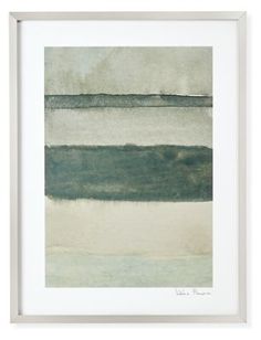 an abstract painting with blue and green colors on the water, in a white frame