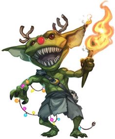 a cartoon character with horns and antlers on his head, holding a fire stick