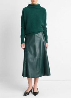 Buy Mid-Rise Flared Leather Skirt for USD 1395.00 | Vince How To Style Silk Skirt, Style Silk Skirt, Baby Clothes Sale, Faux Leather Midi Skirt, Leather Midi Skirt, Sweater Collection, Green Skirt, Winter 2024, Women Skirts Midi