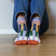 Made in the USA! Colorful, cozy and durable, these colorblocked knit ribbed crew socks are perfect for your comfy fall! Made In The Usa, Crew Socks, Color Blocking, Ribbed Knit, Socks, Knitting, Yellow, Blue, Color