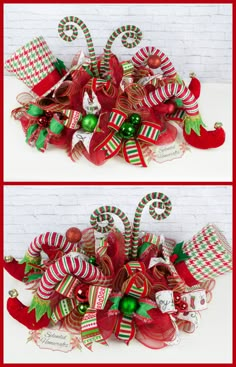 two christmas wreaths with candy canes and bows on the top one is red, green and white