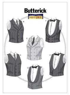 MEN'S VESTS: Close-fitting, partially interfaced, lined, single and double-breasted vests have front extending to upper and side back, no shoulder or side seams, welt pockets, and back and belt cut of lining fabric. A, B, C: Upper welts. B, C: Notched collar. D, F: Shawl collar. Pattern is Uncut and in Factory Folded.  The envelope has light shelf wear. SHIPPING:  Shipping charges will apply to the first pattern purchased.  Any additional patterns purchased on the same invoice will ship for free Waistcoat Pattern, Mens Sewing Patterns, Vest Sewing Pattern, Double Breasted Vest, Mens Waistcoat, Costume Sewing Patterns, Party Mode, Sewing Bee, Butterick Pattern