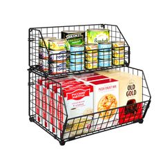 two metal baskets with food and drinks in them on top of each other, both holding cans