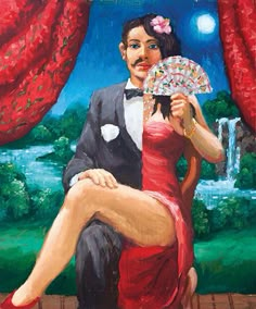 a painting of a man and woman sitting next to each other in front of a red curtain