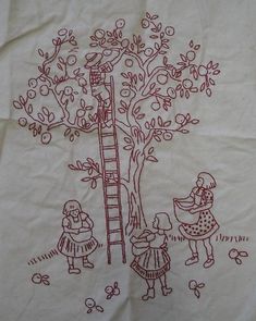 an image of children playing in the apple tree with their mother and father on it