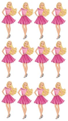 barbie doll poses in pink dresses and high heeled shoes, all with blonde hair