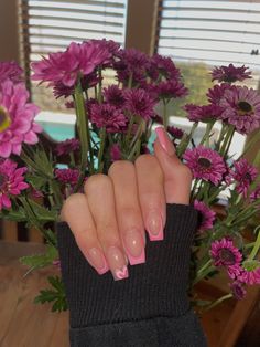 Simple Coffin Acrylics, Pink Heart Nails French Tip, Heart French Tip Nails Coffin, Pink French Tip Coffin Acrylic Nails, Cute Simple Square Acrylic Nails, Pink With Hearts Nails, Layered Heart Nails, Pink French Tip Nails With Heart, French Tip Acrylic Coffin