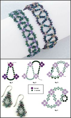 the instructions for beaded bracelets and earrings are shown in two different pictures, one is