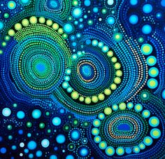 an abstract painting with circles and dots in blue, green and yellow colors on a black background