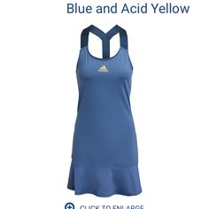 a women's tennis dress with the words blue and acid yellow written on it