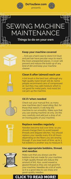 a yellow poster with instructions on how to use sewing machine maintenance and maintenance manuals