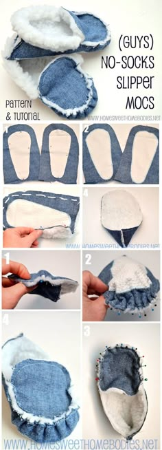 instructions to make an easy diy slipper with denim and white fabric, including the bottom