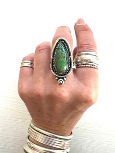 Kingman turquoise set in a v setting with a silver twist and a design with ball details. All sterling silver sized at a 11. Unique Silver Teardrop Turquoise Ring, Bohemian Witch, Jewlery Rings, Ring Stacks, Estilo Hippy, Bling Ring, Estilo Hippie, Funky Jewelry, Hippie Jewelry