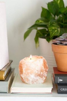 a candle sitting on top of a table next to some books and a potted plant