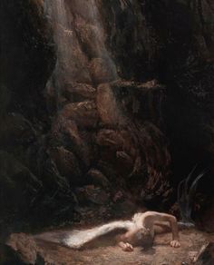 a painting of a man laying on the ground in front of a waterfall with his head down