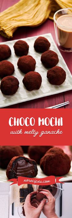 chocolate mochi with muddy ganache on a plate