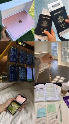 the collage shows passport, cell phone, and laptop on the table with other items