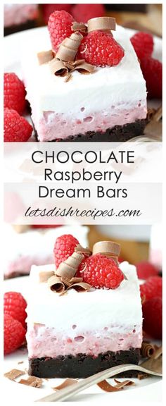 chocolate raspberry dream bars on a white plate