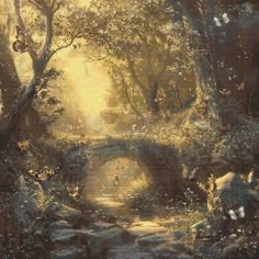 an oil painting of a forest scene with animals