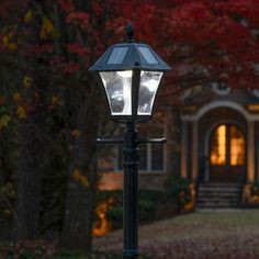 a lamp post in front of a house with autumn leaves on the ground and trees behind it