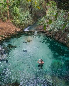 a man swimming in the middle of a river surrounded by trees and greenery on both sides