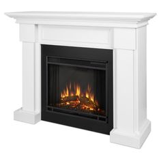 a white fireplace with flames in it