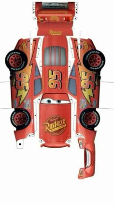 an image of the front and side of a red race car with lightning on it