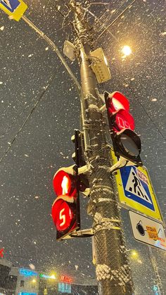 a traffic light with snow falling on it