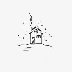 a black and white drawing of a house on top of a hill with stars in the sky