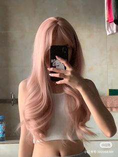 Light Pink Straight Hair, Pink And Blue Hair Aesthetic, Light Pink Layered Hair, Light Pink Long Hair, Light Pastel Pink Hair, Pink Hair With Curtain Bangs, Pale Pink Hair Blonde, Pretty Hair Dye Ideas, Pink Milk Tea Hair