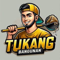 a man with a beard holding a baseball bat and wearing a yellow hat, standing in front of the words tukang bangunan