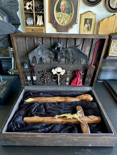 Vampire Hunting Kit In the case: wooden crucifix with brass Christ figure. wooden stake, blood vile, holy water vile, sacred bone, matches, rusty bronze Celtic key and coin, incense and holder, and papacy pouch with rosary. Free shipping with tracking and insurance. Vampire Hunting Kit, Wooden Stake, Holy Water, Holiday Deals, Art Object, Rosary, Festival Season, Incense, Insurance