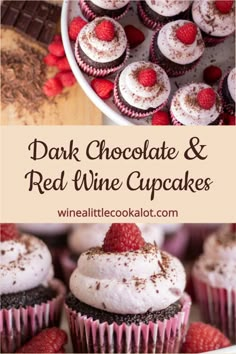 chocolate and red wine cupcakes with raspberries in the middle on a plate