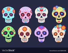 six colorful skulls with different designs on them