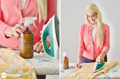 a woman ironing clothes on an ironing board with a bottle of cleaner next to her